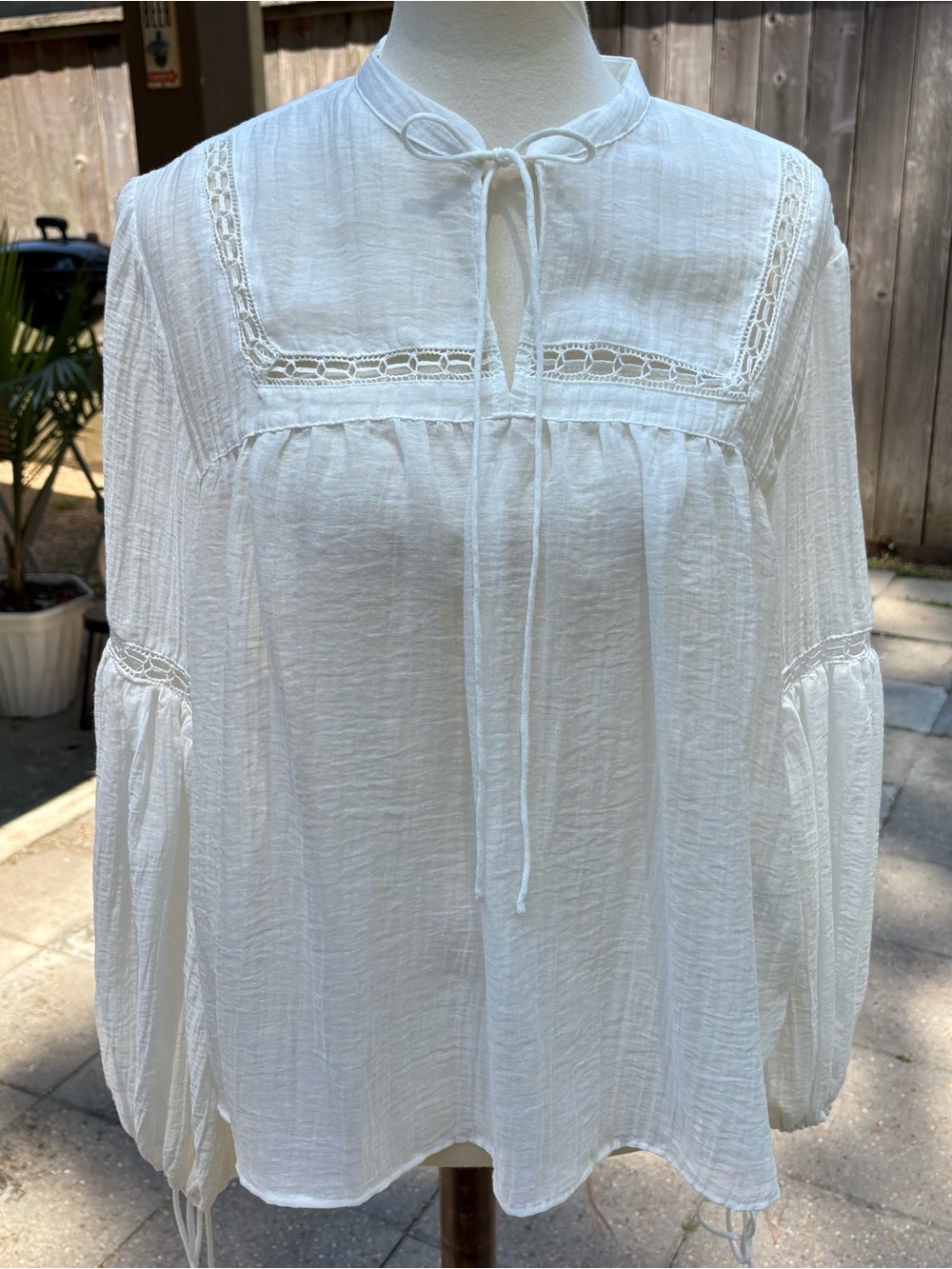 H&M White Lace-Trim Tie-Neck Peasant Blouse